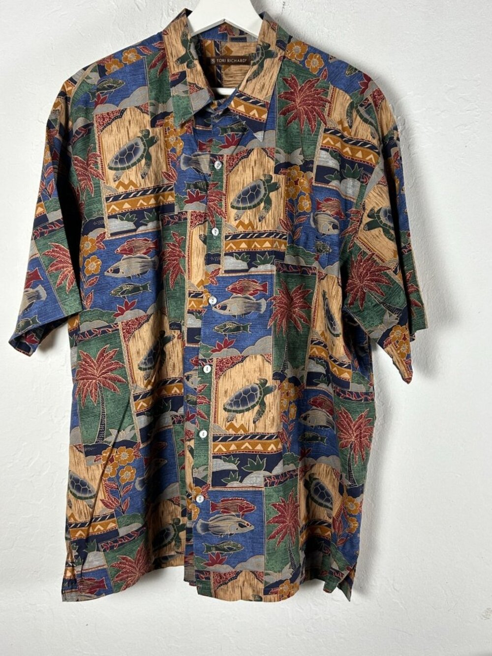 Tori Richard Hawaiian Shirt XL Sea Turtle Palm Trees Fish Print Cotton Lawn Blue